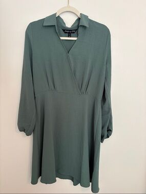 Sage Green Long-Sleeve Collared Wrap Dress